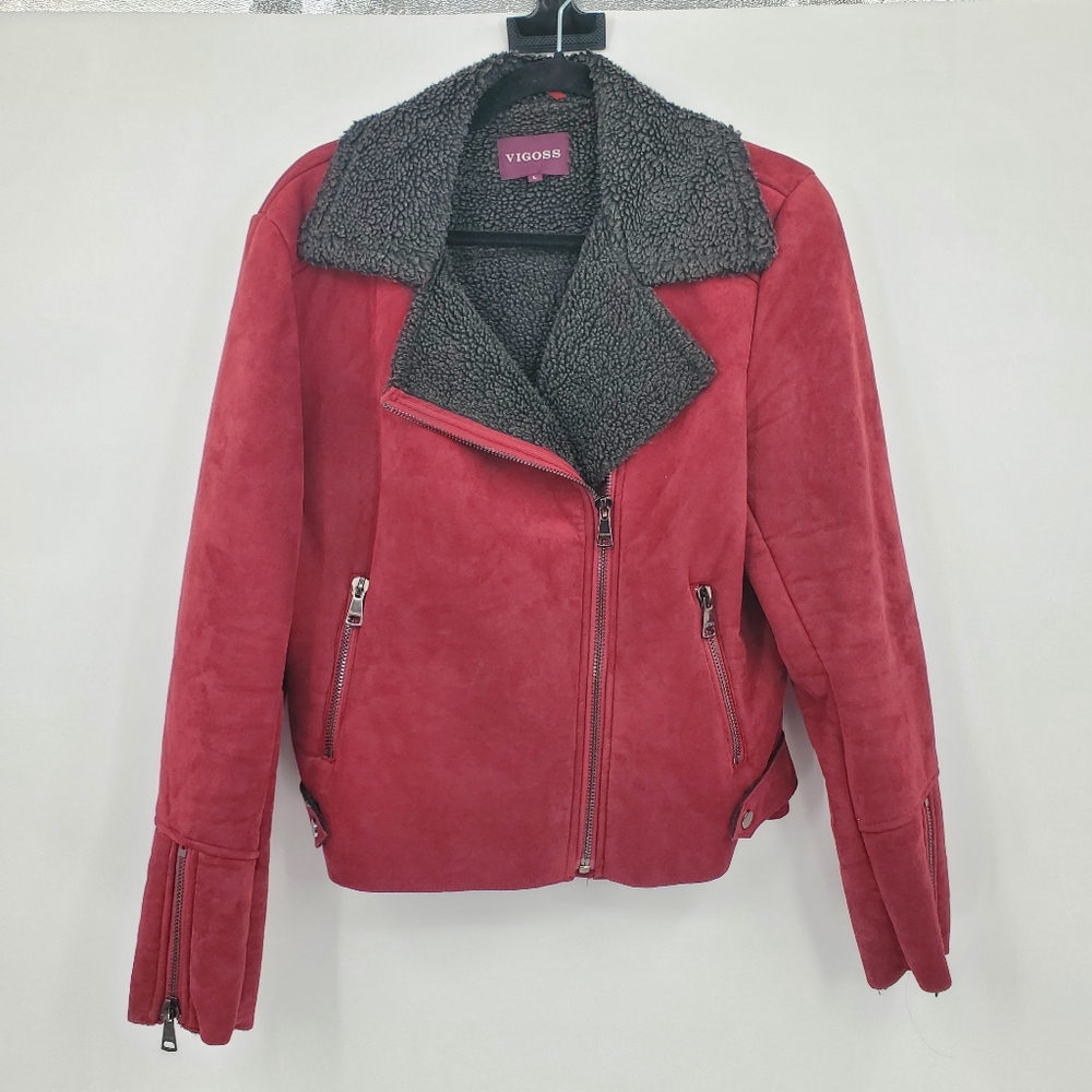♧♧ Vigoss Faux Suede Sherpa Maroon Moto Jacket Size Large
